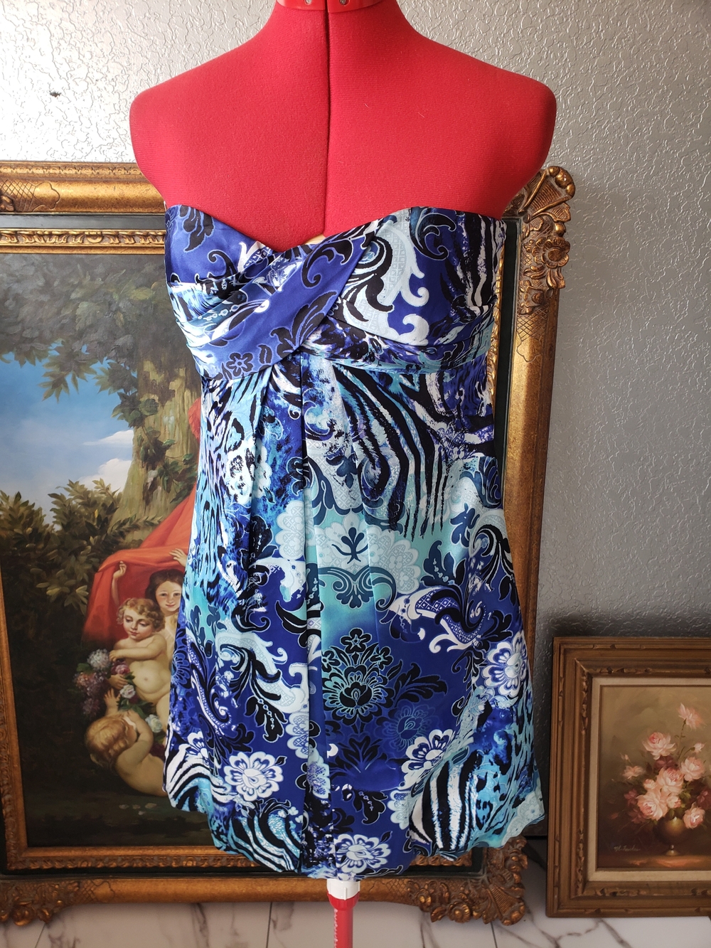 Cache Strapless Mixed Blue & Aqua Print Dress
